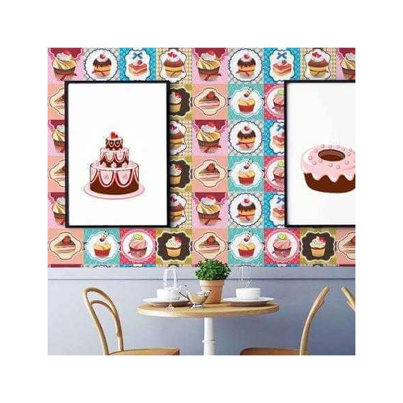 PAPEL DE PAREDE ADESIVO AZULEJO CUPCAKE COLORIDO L130