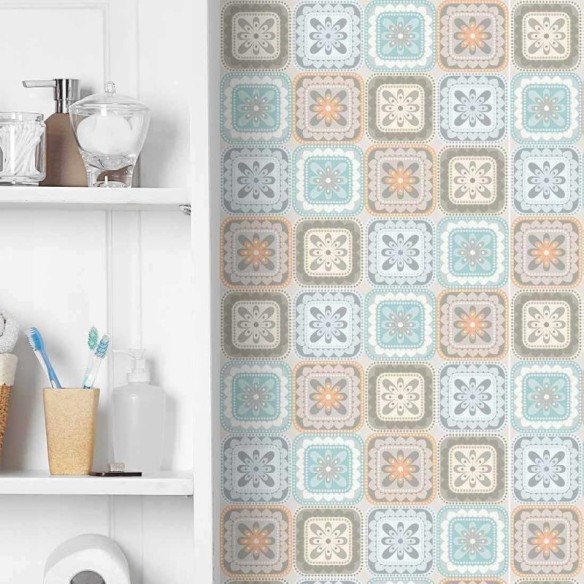 PAPEL DE PAREDE ADESIVO AZULEJO FLORAL GEOMÉTRICO 129684101