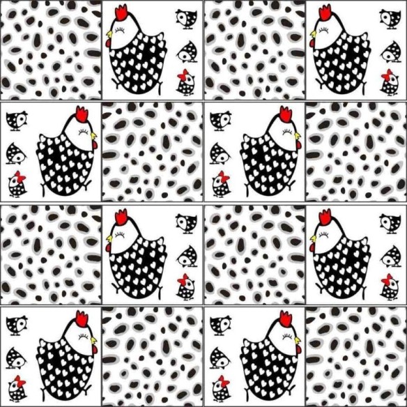 PAPEL DE PAREDE ADESIVO AZULEJO GALINHA PRETO E BRANCO 1045