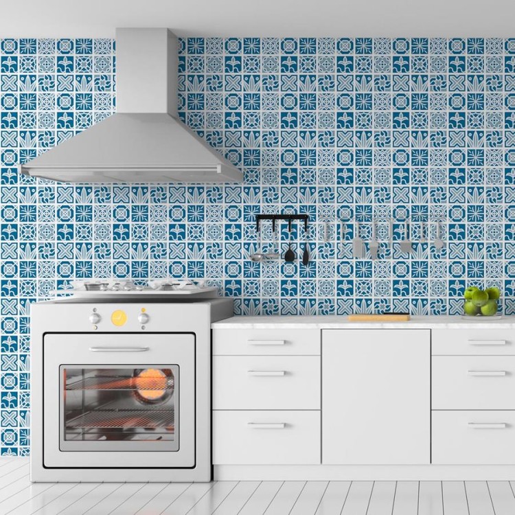 Papel de Parede Adesivo Azulejo Geométrico Azul...