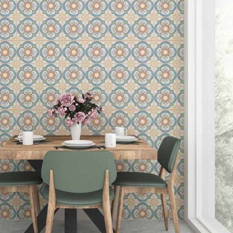 Papel de Parede Adesivo Azulejo Retrô Laranja e...