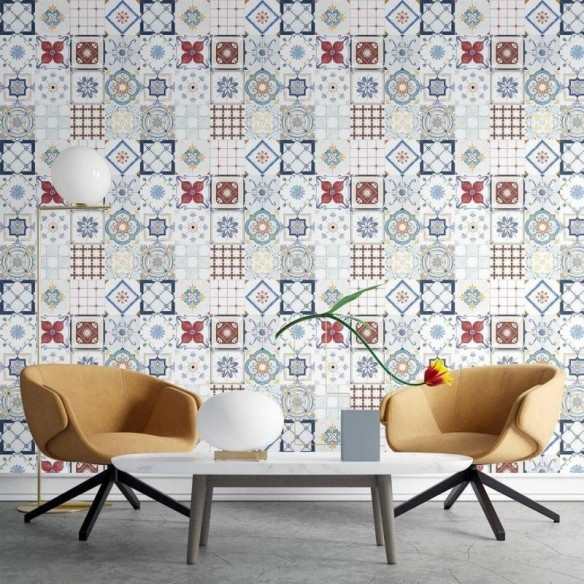 Papel de Parede Adesivo Azulejo Vermelho e Azul N03027