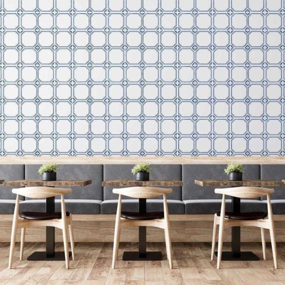 Papel de Parede Adesivo Azulejo Vintage Azul e Branco N05215