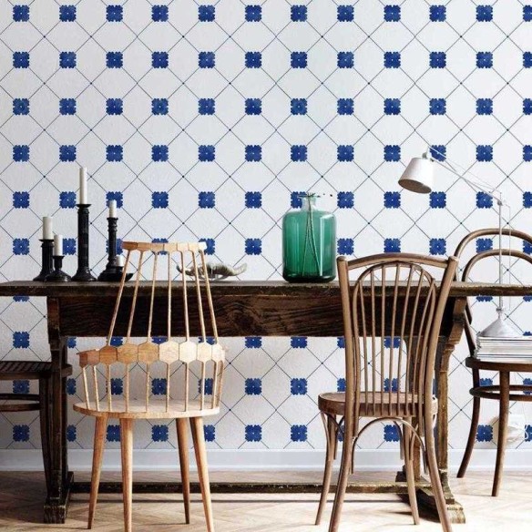 Papel de Parede Adesivo Azulejo Vintage Branco e Azul N05217