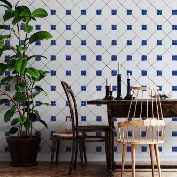 Papel de Parede Adesivo Azulejo Vintage Branco e Azul N05217